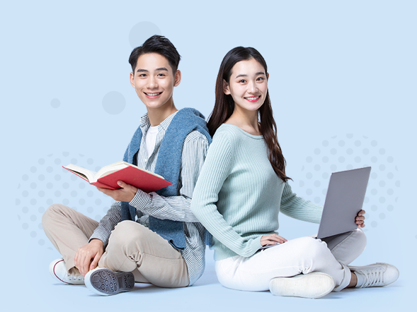 등을 맞대고 앉아서 웃고있는 대학생들